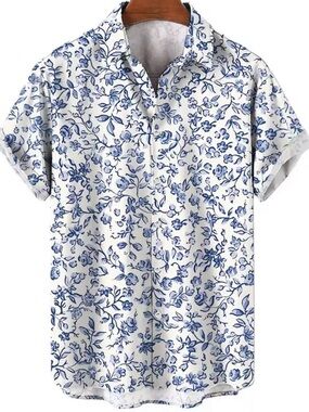 Hawaiian Shirt Size xl Men Button Down New Short Sleeved Floral Blue